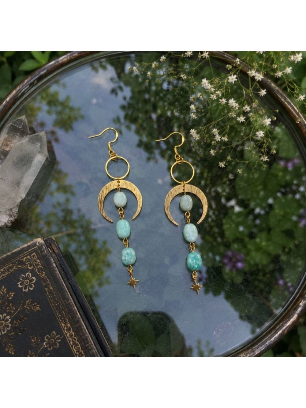 Amazonite Moon Earrings, Celestial Dangle Earrings, Natural Amazonite Jewelry - Picture 5 of 7